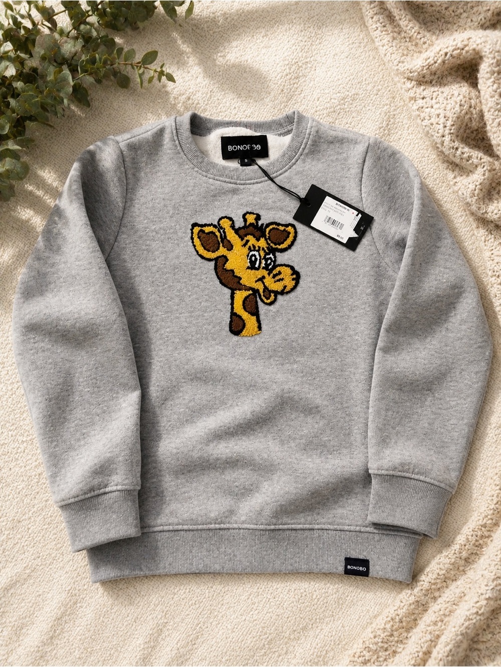 Bonobos Kids Gray Crewneck Sweatshirt with Yellow Giraffe Motif